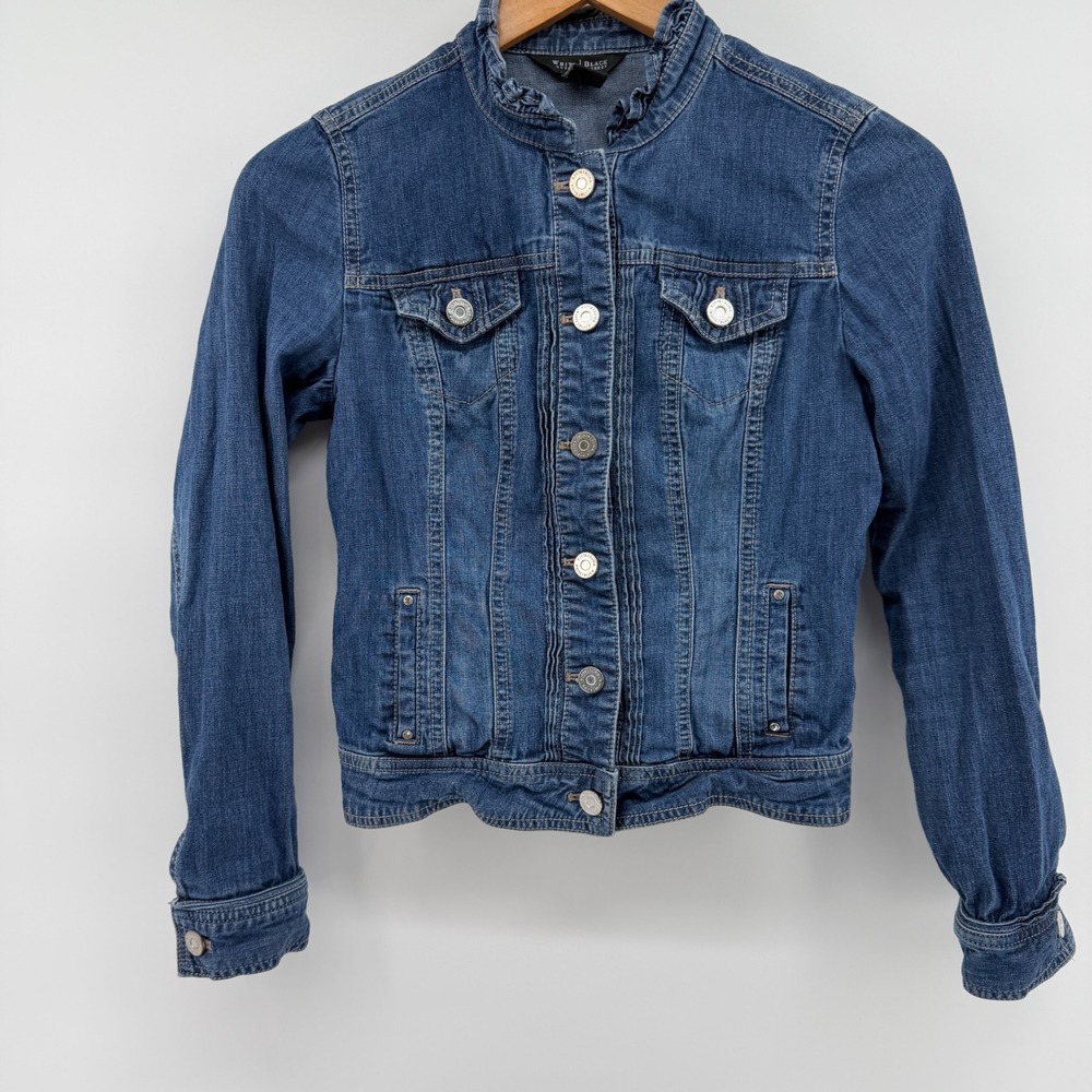 White House Black Market Ruffle Collar Denim Jacket Blue Size 00